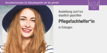 Frau mit Hut lächelt in die Kamera. Daneben steht der Text: "Ausbildung zum*zur staatlich geprüften Pflegefachhelfer*in in Erlangen